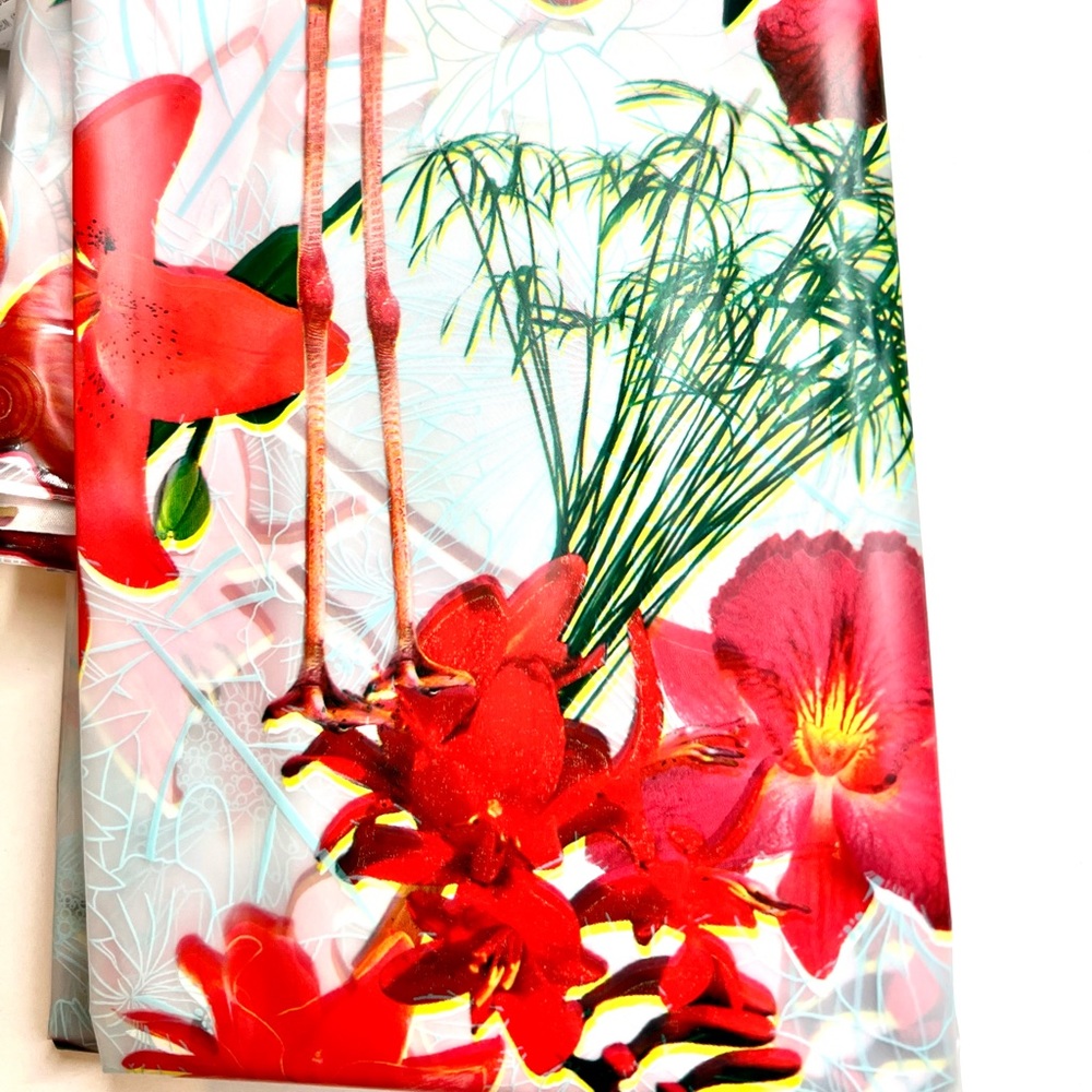 Flamingos & Tropical Flowers Peva Shower Curtain Hibiscus Orchids Bright Red - Picture 4 of 14